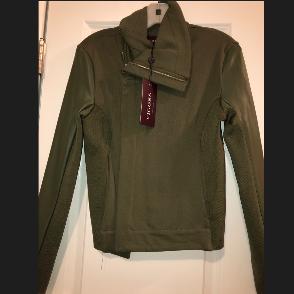 Olive Green Faux Leather Sleeved Jacket